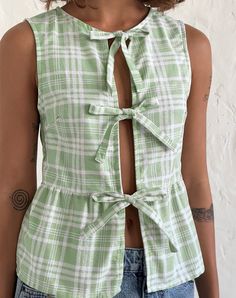 Image of Kayvata Tie Front Top in Table Cloth Neo Mint Spring Tops 2024, Summer Cotton Tie Neck Top, Trendy Fitted Tops With Tie Details, Upcycle Tops, Chic Summer Top With Tie Fastening, Fitted Cotton Top With Bow, Trendy Cotton Tie-back Top, Bow Top, Tie Front Top