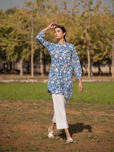 No more blues tunic white kurti cotton printed by Marche now availablea at Trendroots