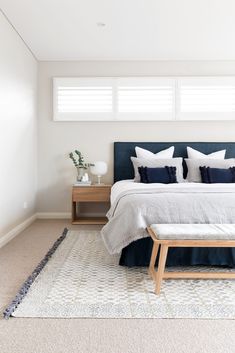 a bedroom with white walls and blue bedding