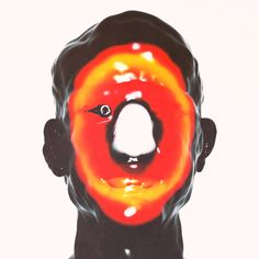 a man's head with an orange and red object in the middle of his face