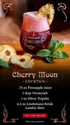 an advertisement for the cherry moon cocktail