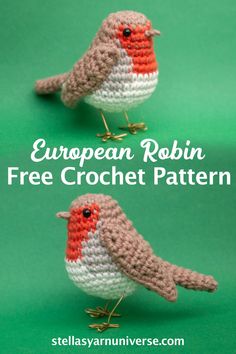 two small crocheted birds sitting next to each other on top of a green surface