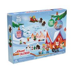 a christmas calendar is shown in the box with pictures on it and an image of santa's sleigh