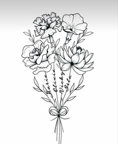 some flowers that are in the middle of a line art style drawing on white paper