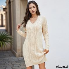 Olivia Mark - Stylish Solid Color Turtleneck Sweater Dress with Intricate Knitted Floral Pattern Fall Sweater Dress, Lantern Sleeve Sweater, Long Sweater Dress, Timeless Dress, Long Sleeve Sweater Dress, Maxi Dress Formal, Mini Sweater Dress, Women Sweater, Daily Dress