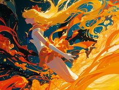 a woman with yellow hair is surrounded by orange and blue swirls in the air