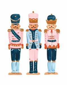 three nutcrackers are standing next to each other in pink and blue uniforms