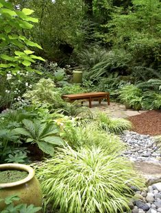 a garden with rocks, plants and a bench