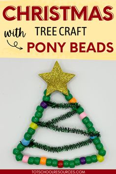 a christmas tree made out of beads with text overlay that reads, christmas with tree craft pony beads