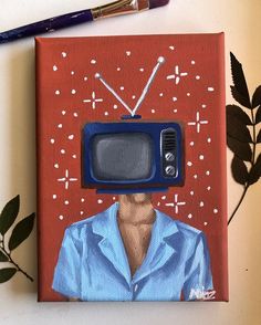 a painting of a man with a tv on his head