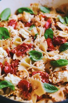 pasta with tomatoes, spinach and cheese in a pan