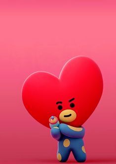 a small teddy bear holding a big red heart on a pink background with the caption i love you