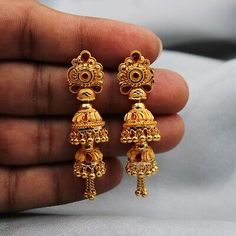 Purity is - 22kt Gold. the work on this jewelry is pure handmade and I personally make them beautiful. we have more collection and list daily. I take custom order too. Gold Temple Jewelry Chandbalis With Latkans, Gold Chandbalis With Latkans In Temple Jewelry Style, Gold Jhumkas For Puja And Festive Occasions, Festive Gold Jhumkas For Puja, Festive Gold Danglers With Tilla Detail, 22k Gold Cutdana Danglers, Traditional Gold Chandbalis With Intricate Design, Gold Cutdana Jhumkas For Festivals, Gold Chandbali Jhumkas With Cutdana