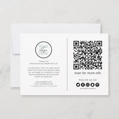 a white business card with a qr code on the front and back side, in black ink