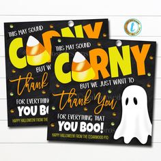 two halloween party thank you cards with ghost on them