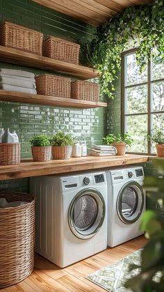 a washer and dryer in a room with green tiles on the wall, shelves above them