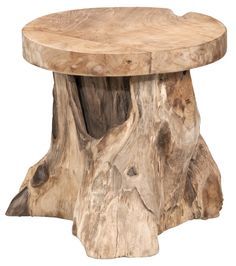 a wooden table that has been made out of tree stumps and is sitting on a white background