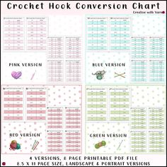 the crochet hook conversion chart is shown