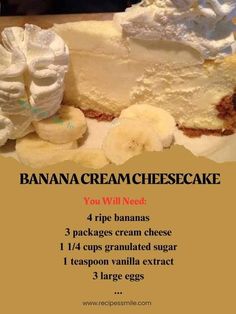 a banana cream cheesecake is shown on a plate with instructions for how to make it