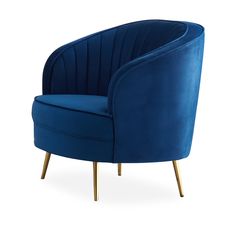 a blue chair with gold legs and an armrest on a white background the chair is shaped like a round, pleated tub