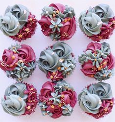 nine cupcakes with flowers and pearls on them