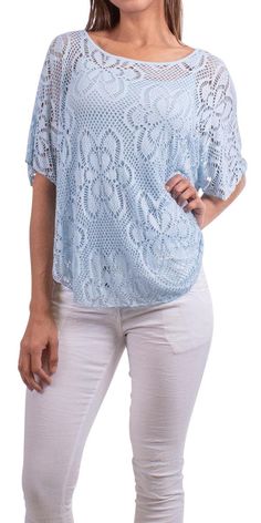 Elegant, soft and stretchy lace-style knit top in a floral design, with short wide sleeves. Exterior 100% Viscose | Interior 95% Viscose 5% Elastic One Size fits most Made in Italy Model is 5'8 Top For Women, Lace Fashion, Wide Sleeves, Baby Blue, Knit Top, Hot Pink, Floral Design, In Italy, Top Blouse