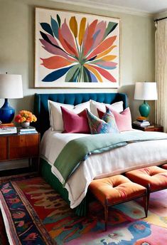 a bed with colorful pillows and blankets in a bedroom next to a painting on the wall