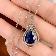 Gorgeous Teardrop Necklace Blue Sapphire 3 Ct Crystal Oval Cut Very Beautiful Great For Gifting Bundle To Save 16-18 Inch Extendable Silver Drop Sapphire Necklace, Sapphire Necklace Wedding, Swarovski Heart Necklace, Clear Crystal Necklace, Swarovski Heart, Stone Accessories, Blue Sapphire Necklace, Crystal Statement Necklace, Layered Necklaces Silver