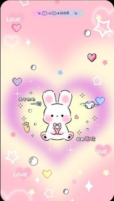 an image of a cute bunny with hearts and stars in the background on a phone screen