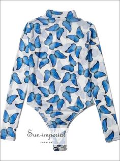 Women White High Neck Blue Butterfly Print Mesh Long Sleeve Bodysuit butterfly print bodysuit Casual Blue Bodysuit For Fall, Casual Printed Blue Bodysuit, Spring Long Sleeve Printed Bodysuit, Casual Long Sleeve Bodysuit For Summer, Casual Long Sleeve Summer Bodysuit, Blue Long Sleeve Swimwear For Spring, Blue Long Sleeve Swimwear For Summer, Blue Printed Bodysuit For Spring, Spring Blue Printed Bodysuit