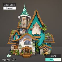 an image of a house made out of legos and papercrafting materials with the words aqua edge manor on it