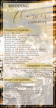 the wedding flowers checklist is shown here