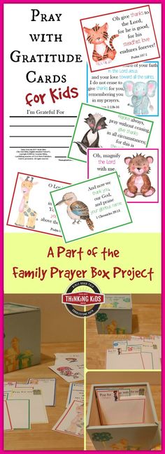 a box with pictures of animals and the words pray with gratitude cards for kids