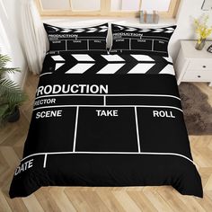 a black and white movie themed bed set