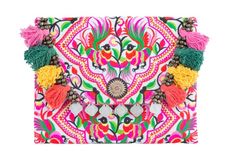 a colorful clutch bag with tassels and pom poms on the front