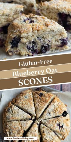 blueberry oat scones on a plate with text overlay that reads gluten - free blueberry oat scones