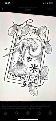 the grinch tarot card is drawn in black and white with christmas ornaments on it