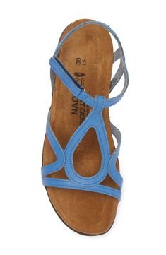 A graceful teardrop modifies a breezy T-strap sandal finished with a slim hook-and-loop strap closure. Flat sole American Podiatric Medical Association (APMA) Seal of Acceptance Leather upper and lining/rubber sole Imported Adjustable Blue Sandals With Arch Support, Blue Leather Sandals With Arch Support, Blue Sandals With Heel Loop And Single Toe Strap, Leather T-strap Sandals With Arch Support, Spring T-strap Sandals With Arch Support, Blue Adjustable T-strap Sandals, Adjustable T-strap Sandals With Arch Support, Blue Sandals With Cushioned Footbed And Single Toe Strap, T Strap Sandals