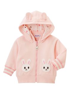 light pink cotton embroidered motif embroidered logo to the rear detachable hood front zip fastening long sleeves stripe trim ribbed trim straight hem Bunny Applique, Bunny Hoodie, Boys Winter Coats, Cartoon Embroidery, Bear Hoodie, French Terry Hoodie, Bunny Print, Hooded Parka