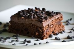 a piece of chocolate cake on a white plate with chocolate chips scattered around the edge