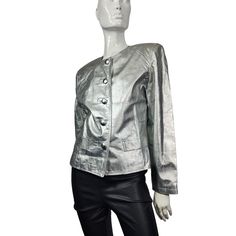 Made in USA for Davenel, Silver leather jacket  Tagged VTG 10 20" across bust  18" waist 23" long  24" sleeves  17" shoulders  Small pockets  * Good preowned vintage condition with no major flaws to note. Usual wear is consistent with age. Sold as IS. *ALL SALES FINAL. NO RETURNS. * Please review all pictures as they are part of the listing. Ask questions! * Please review all shop policies before completing the transaction.  * Bundle up for combined shipping. * Please follow us on Instagram @vin Silver Leather Jacket, Fur Collar Jacket, Light Coat, Womens Jackets, Sequin Jacket, Fur Collars, Crop Jacket, Shop Policies, Vintage Black