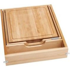 a wooden box with two compartments on the inside and one drawer open in the middle