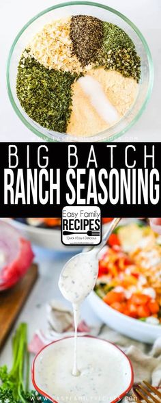 ranch seasoning is being poured into a bowl with broccoli and other ingredients