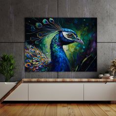 a painting of a peacock on a wall in a living room with wooden flooring