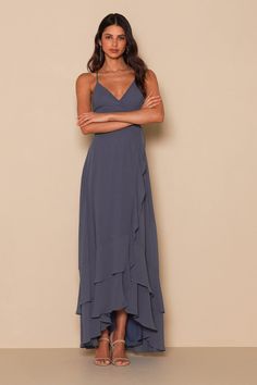 Once you fall for the Lulus In Love Forever Granite Blue Lace-Up High-Low Maxi Dress, you'll always be in love! Gauzy woven chiffon dances across a surplice neckline with elegant princess seams. A set of crisscrossing adjustable straps top off the alluring lace-up back. A wrapped maxi skirt stuns with a double tier of flouncy ruffles before falling to a high-low hem. Hidden back zipper/clasp. Fit: This garment fits true to size. Length: Floor length. Size medium measures 56.5" from adjustable st Dance Stuff, High Low Maxi Dress, National Dress, Wedding Guest Looks, Surplice Neckline, Love Forever, Princess Seams, Flattering Dresses, Family Wedding