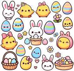 an assortment of cartoon easter eggs and bunnies