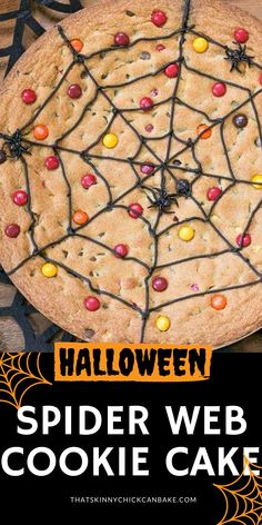 Spiderweb cookie cake image above a title text box Spider Web Cookie Cake, Halloween Cookie Cakes, Halloween Cookie Cake, Chocolate Chip Pizza, Chocolate Chip Cookie Pizza, Chocolate Chip Cookie Cake Recipe, Big Chocolate Chip Cookies