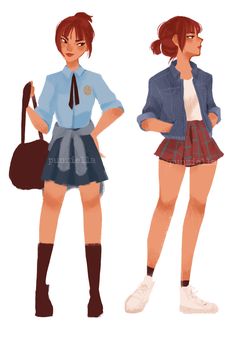 two girls in school uniforms one is holding a handbag and the other has a purse