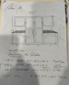 a drawing of a kitchen with cabinets and counter tops on lined paper in front of a person's shadow