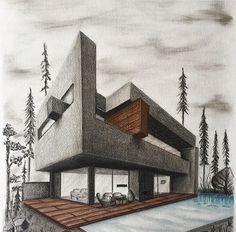 a drawing of a house in the woods with water and trees on either side of it